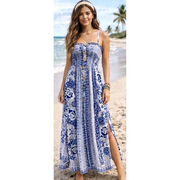Angie Dresses & Skirts - Angie Floral Smocked Maxi Sun Dress Size S Resort Beach Coastal Blue Boho Vaca